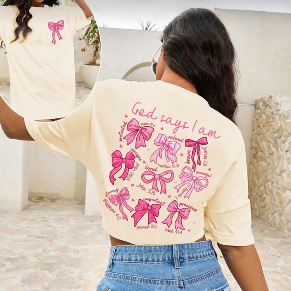 SHEIN Tops - SHEIN Cream Tee with Pink Bow Graphics